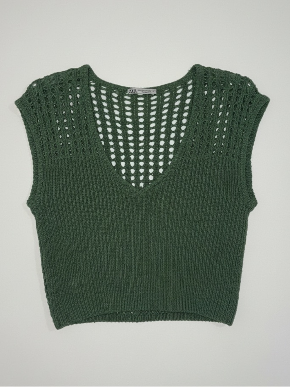 Zara Olive Green Crochet V-Neck Knit Tank